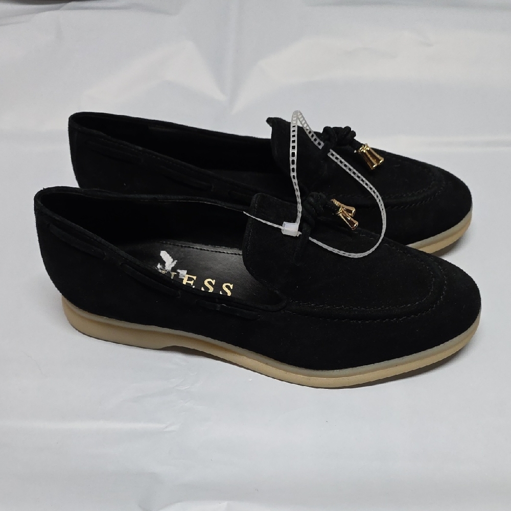 Guess Black Suede Loafers with Gold Accents Aryana Suede Loafers